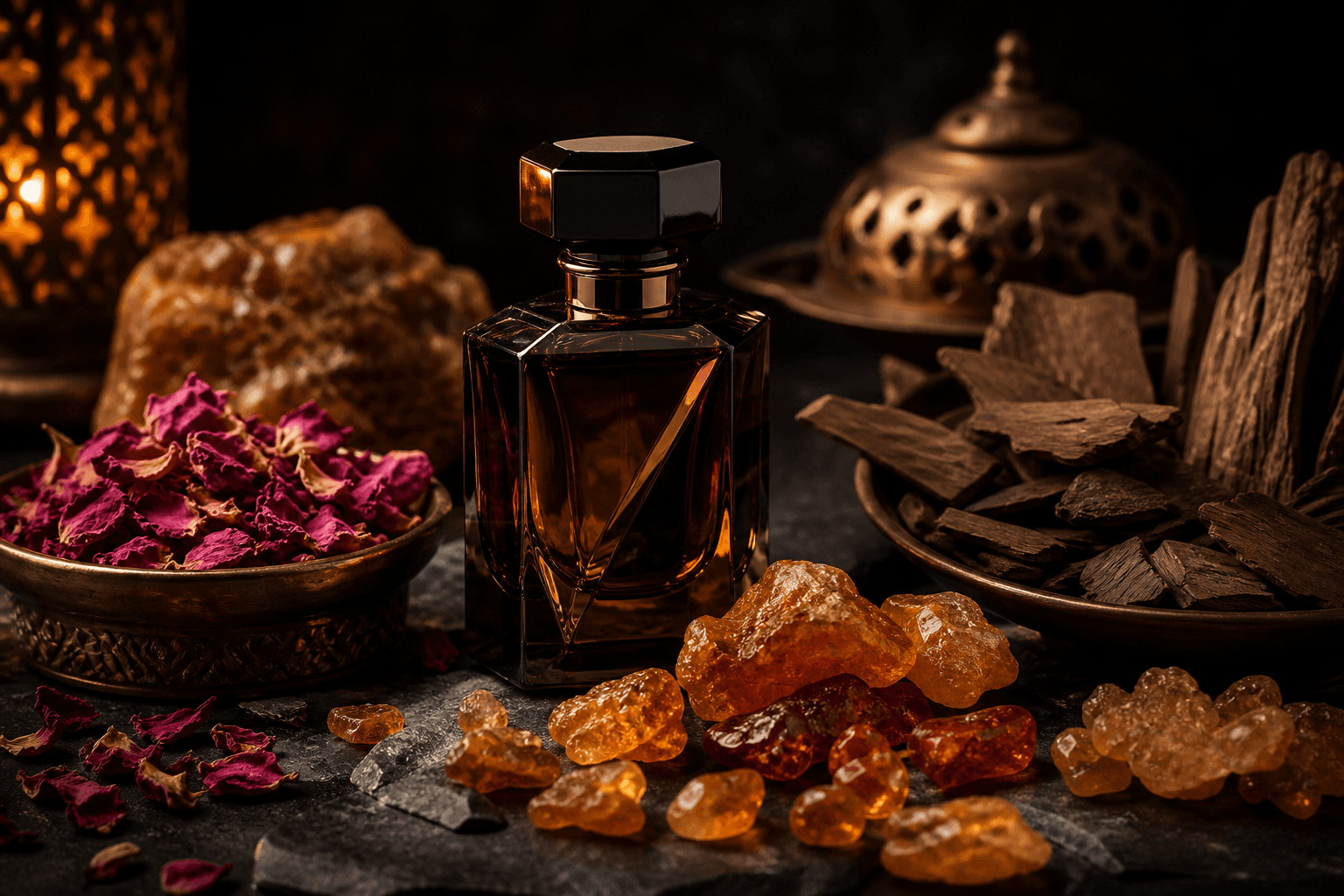 Oud wood, rose, and amber arranged with a dark perfume bottle