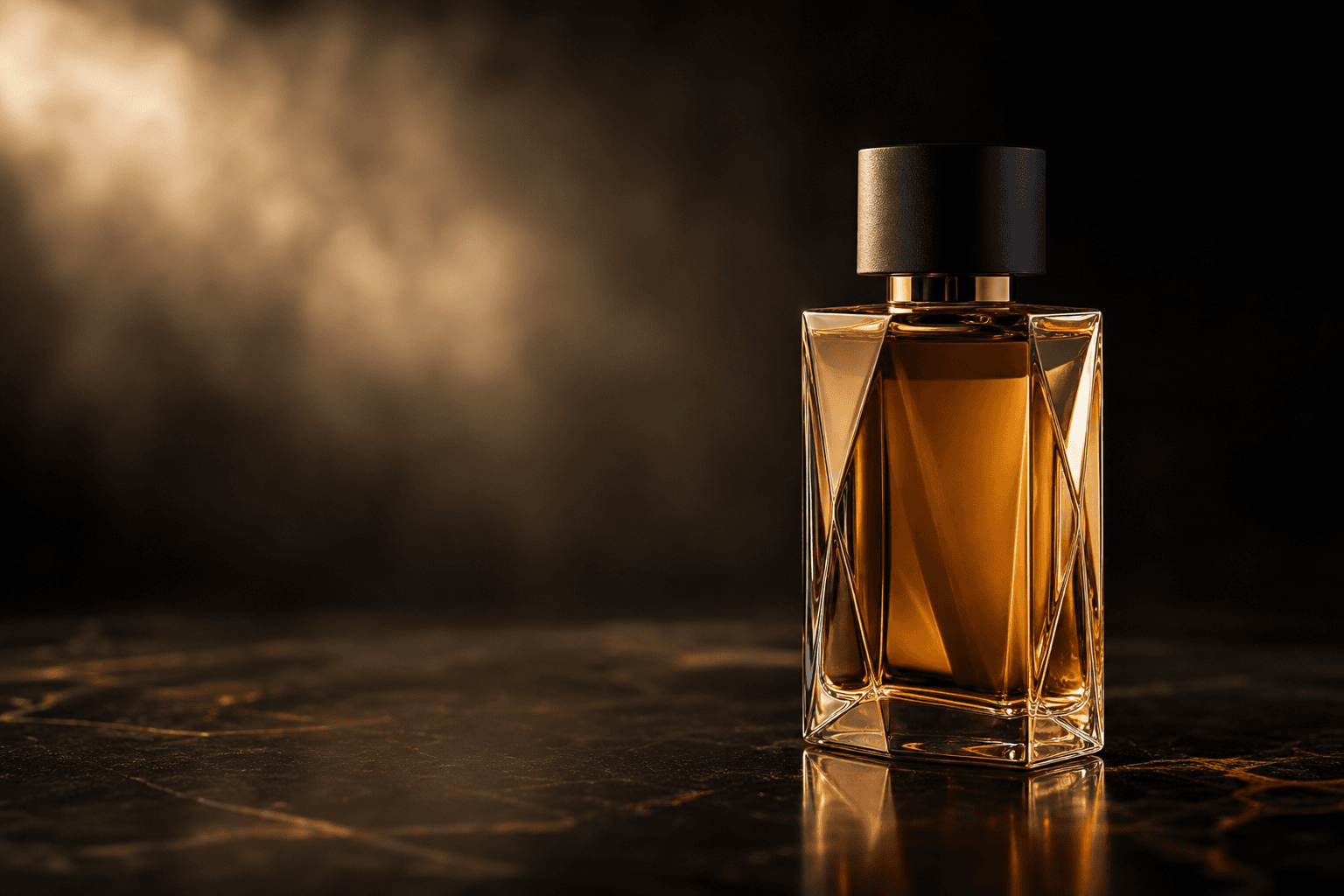 Faceted crystal fragrance bottle illuminated by warm champagne light